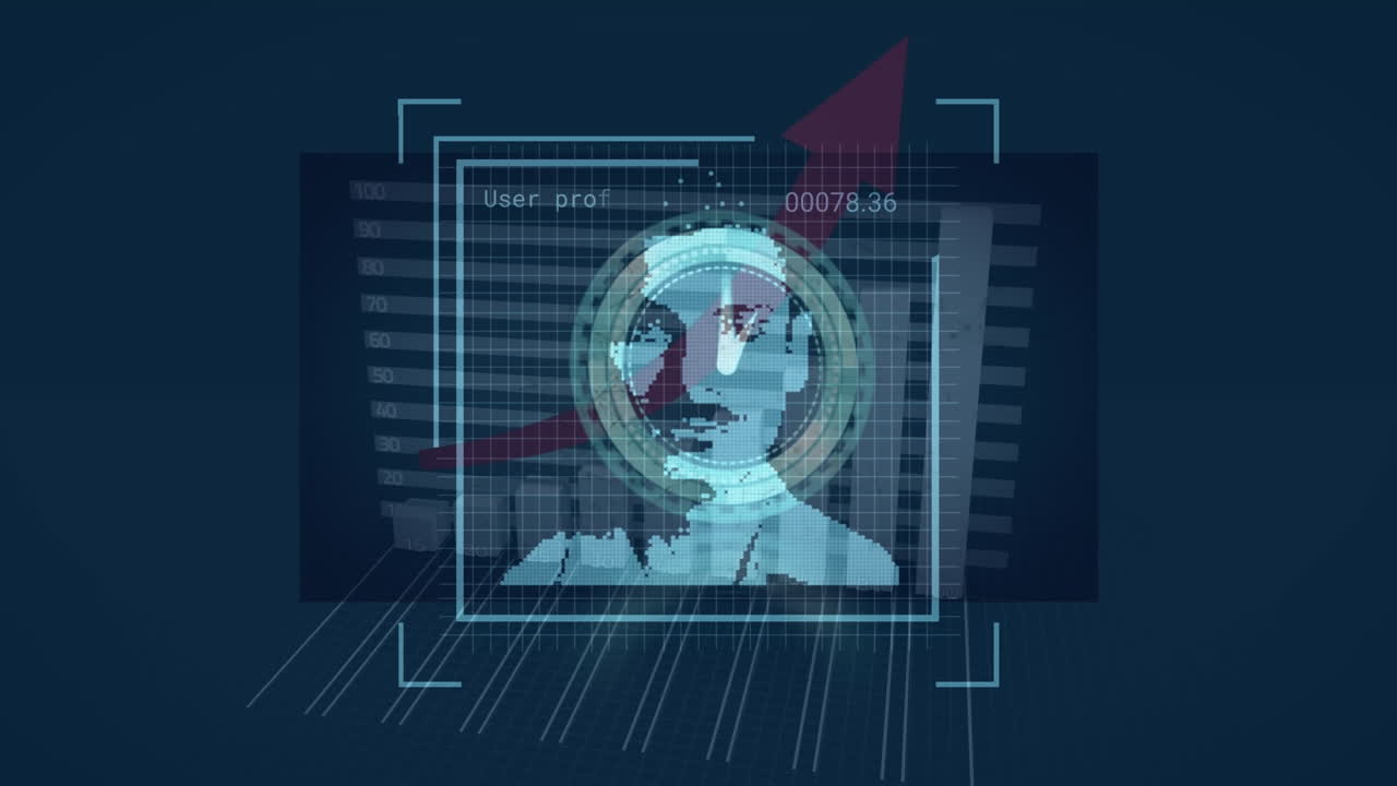 animación del procesamiento de datos con diversas personas iconos sobre el reloj y gráfico en fondo negro