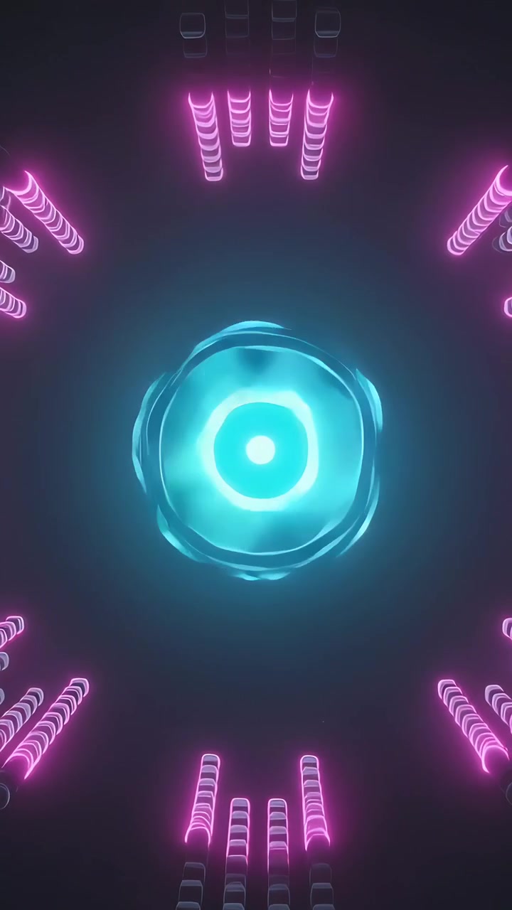 Video verticale: Nucleo ciano pulsante che inizia a espandere anelli in una scena virtuale, con pile rosa che si illuminano.
