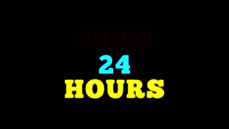 vídeo de neón de las palabras abierto 24 horas parpadeando alternativamente en un fondo negro, 4k 60 fps