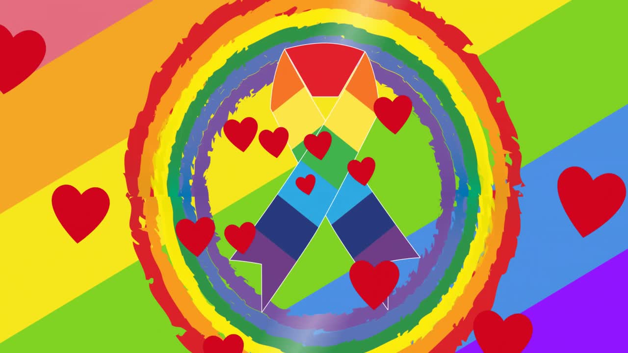 무지개 배경 에 무지개 리본 위 에 있는 심장 의 애니메이션