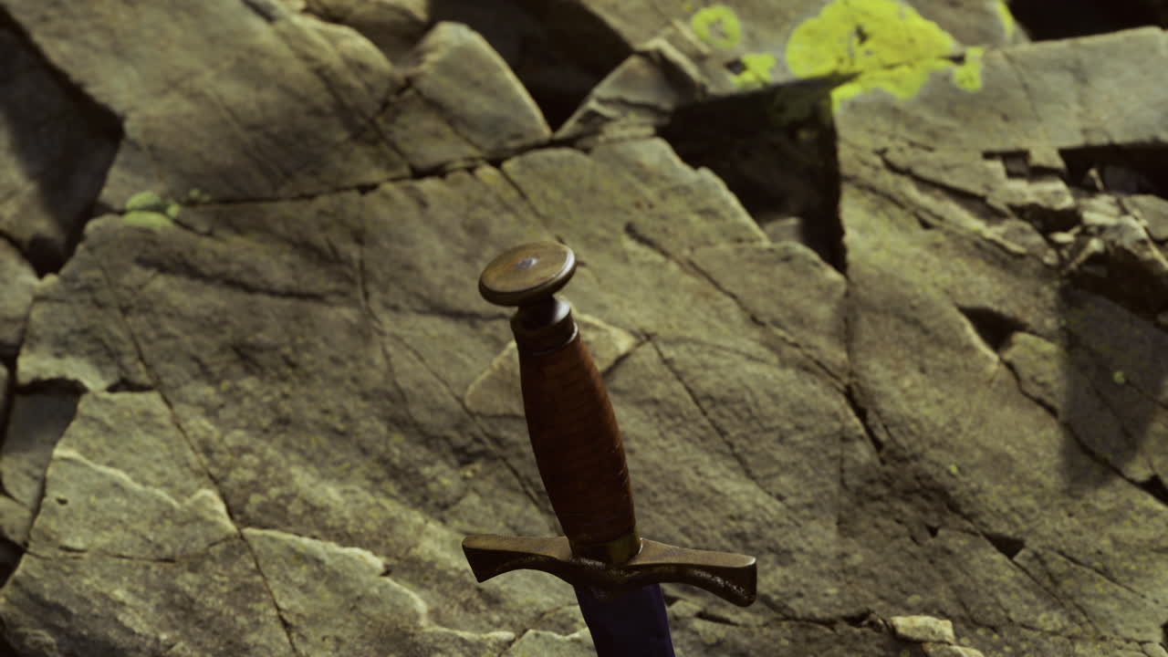 Ancient sword resting on rocky surface in mysterious setting at dusk