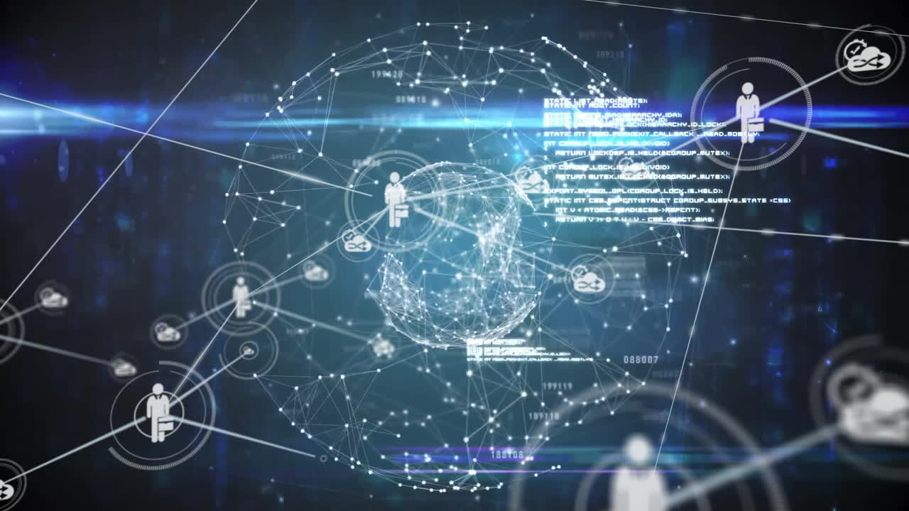 전 세계에 대한 아이콘과 검은색 배경에 대한 데이터 처리와 연결 네트워크의 애니메이션