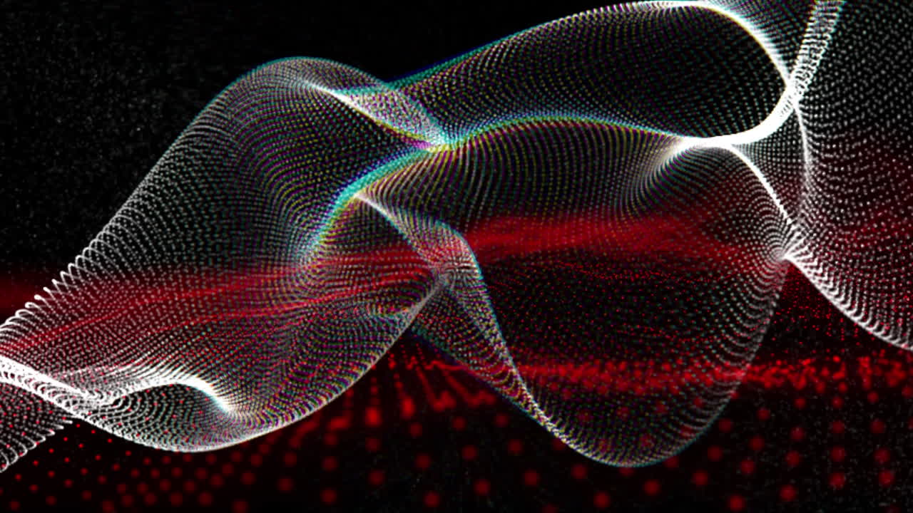 Animation of curved white mesh structure over undulating red 3d landscape on black background