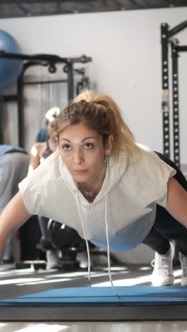 mujer haciendo flexiones en un gimnasio