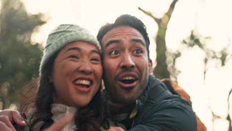 happy, wow and hiking with couple in nature