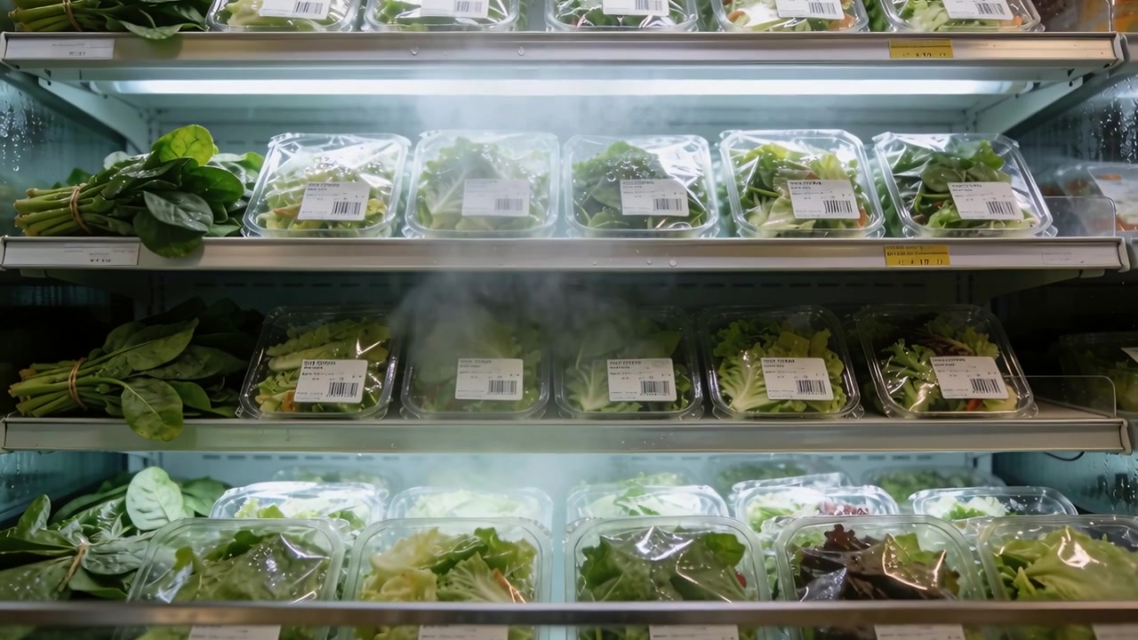 Nebulizzatore per frigorifero che pulsa per mantenere fresche le verdure in un supermercato con confezioni a conchiglia