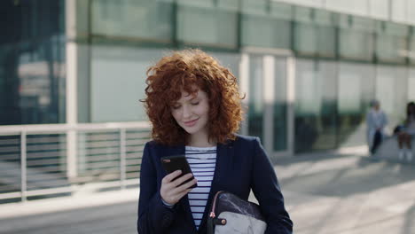 young stylish business woman portrait texting on phone waiting corporate intern