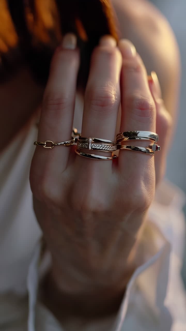 Primo piano di una mano adornata con diversi anelli