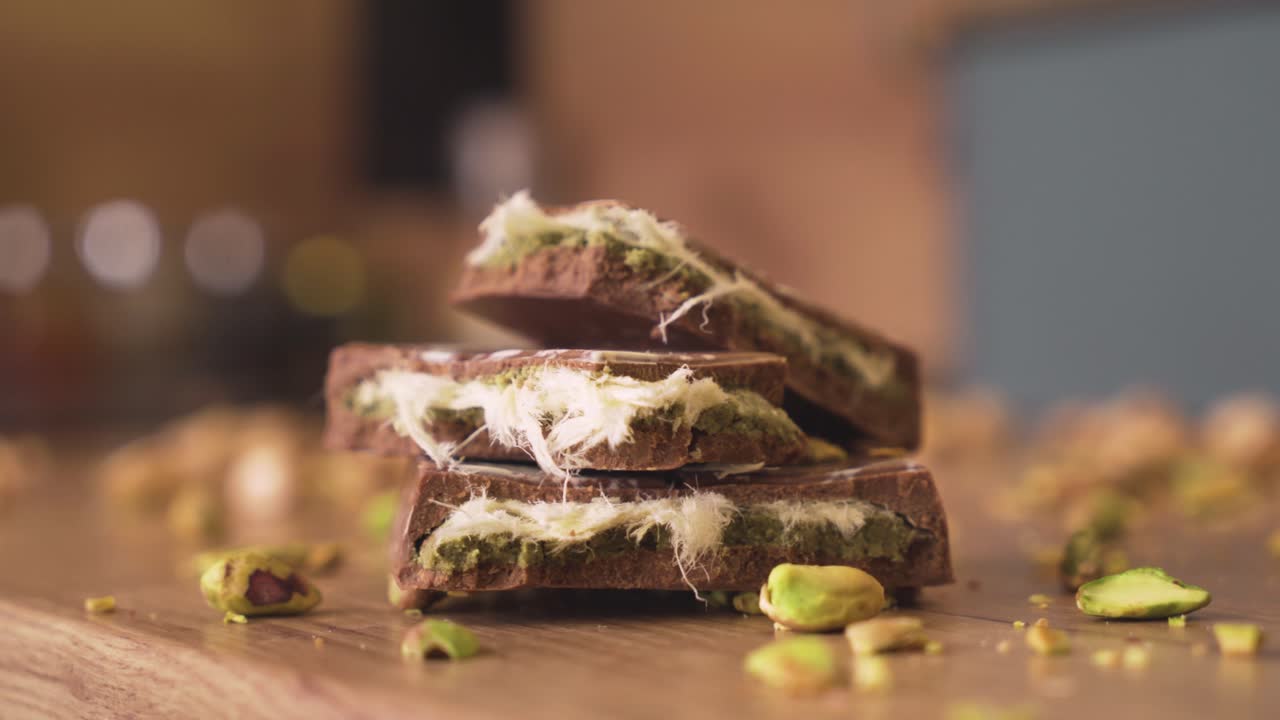 Close up video of a decadent Dubai chocolate dessert topped with bright green crushed pistachios for high end culinary visuals