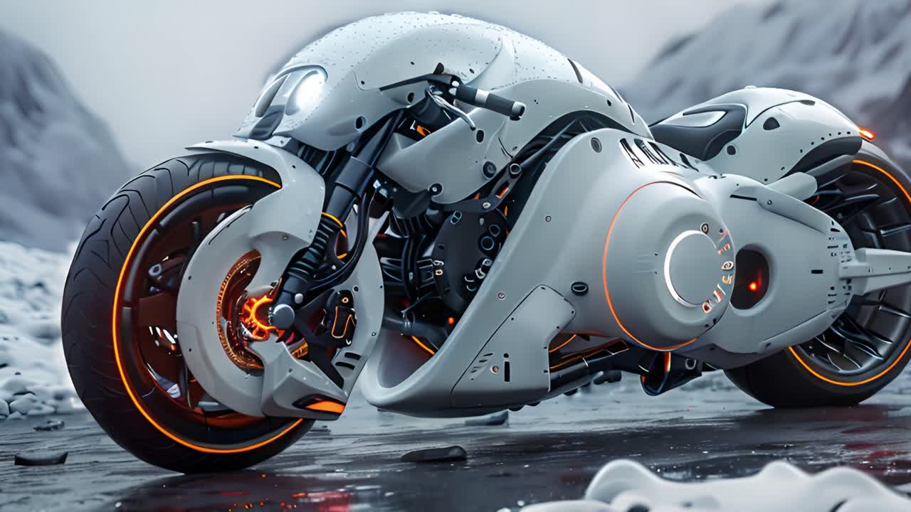 Futuristic White Motorcycle in a Snowy Landscape