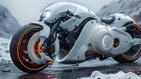 futuristic white motorcycle in a snowy landscape