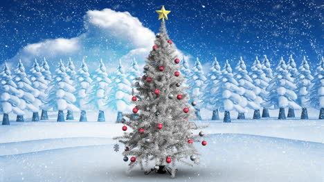 christmas tree in winter scenery and falling snow