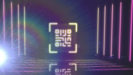 escáner de código qr con elementos de neón contra el destello de luz del arco iris