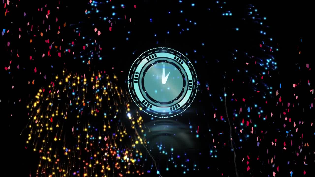 animación de un reloj con manecillas giratorias sobre fuegos artificiales coloridos y confeti, en negro