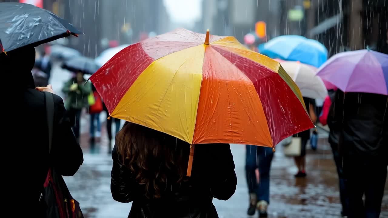 한 무리의 사람들이 우산을 쓰고 빗속을 걷고 있다