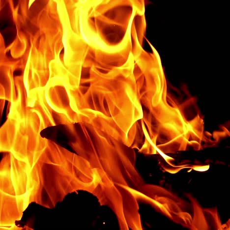 slow motion of fire at bonfire in the dark, closeup. bonfire sparks and hot embers at night.