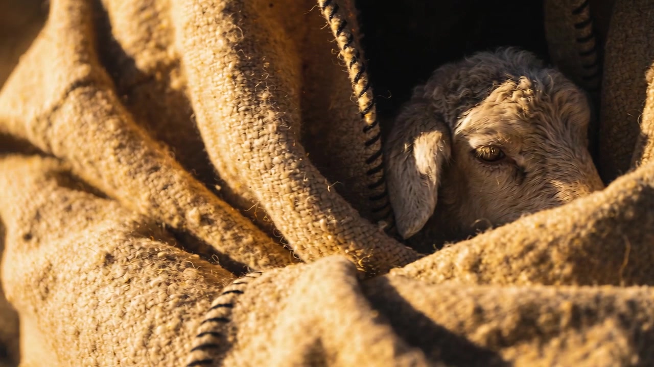Coperta che si sposta, testa di agnello che si sveglia, sbattendo le palpebre in una coperta beige con bordo intrecciato, polvere, fienile, spazio per il testo
