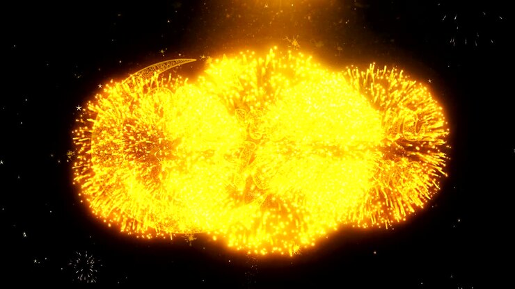 Ramadan Kareem Text Wish On Firework Display Explosion Particles.