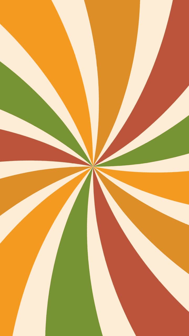Sfondo vintage astratto con raggi curvi rotanti in una palette di colori autunnali arancione, verde e rosso, loop continuo.