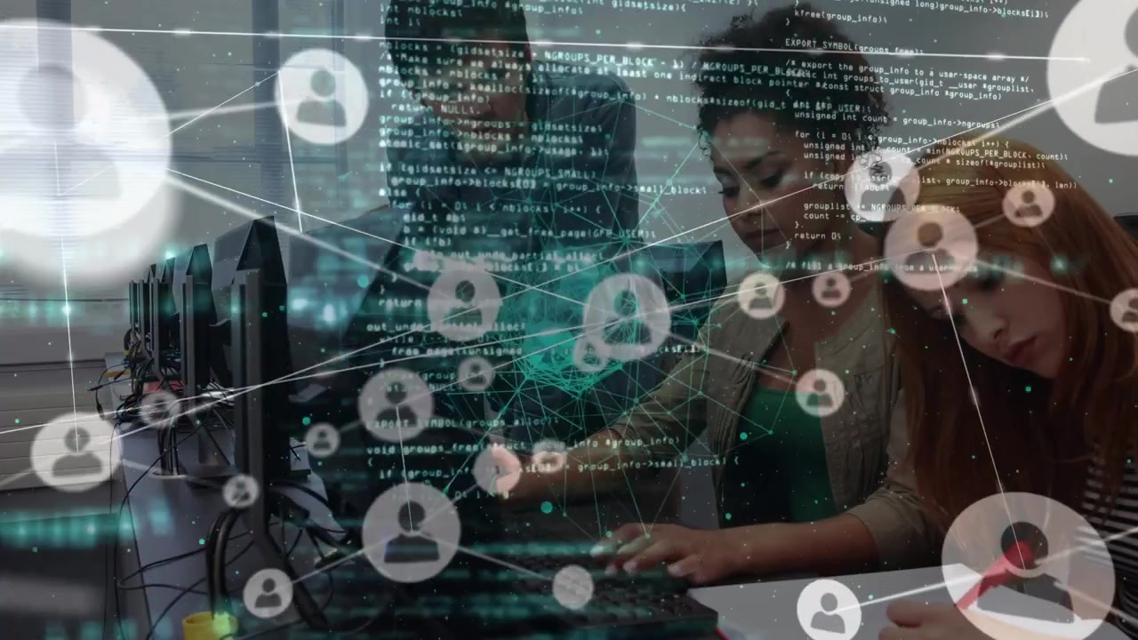Animation of network of connections with icons over caucasian businesswoman using smartphone