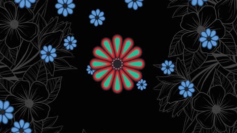 Digitale-Animation-Mehrerer-Blumensymbole,-Die-Mit-Kopierraum-Vor-Schwarzem-Hintergrund-Schweben