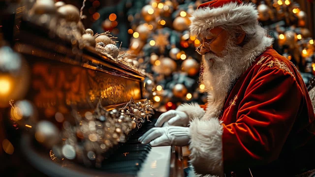 Santa plays piano with lights. Santa is joyfully playing the piano in a beautifully decorated room filled with Christmas lights and ornaments