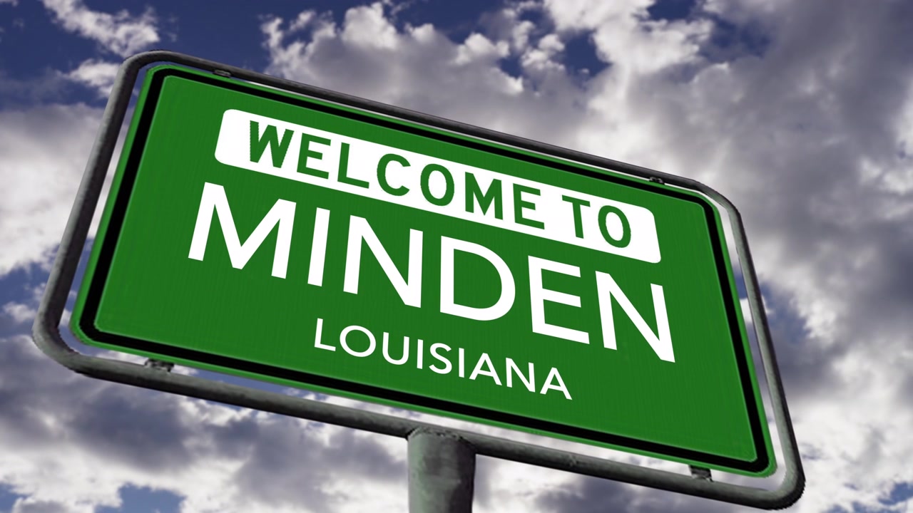 Velkommen til Minden, Louisiana, USA. Nærbillede af byvejsskilt. Realistisk 3D-animation.