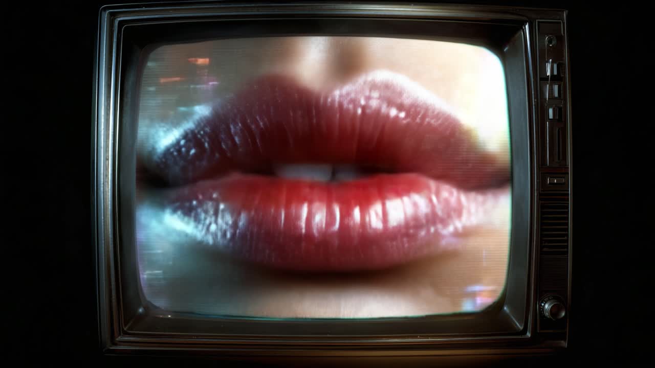 Una mostra artistica di labbra lucide su uno schermo televisivo vintage, caratterizzata da un'estetica audace con colori scintillanti ed elementi visivi intriganti.