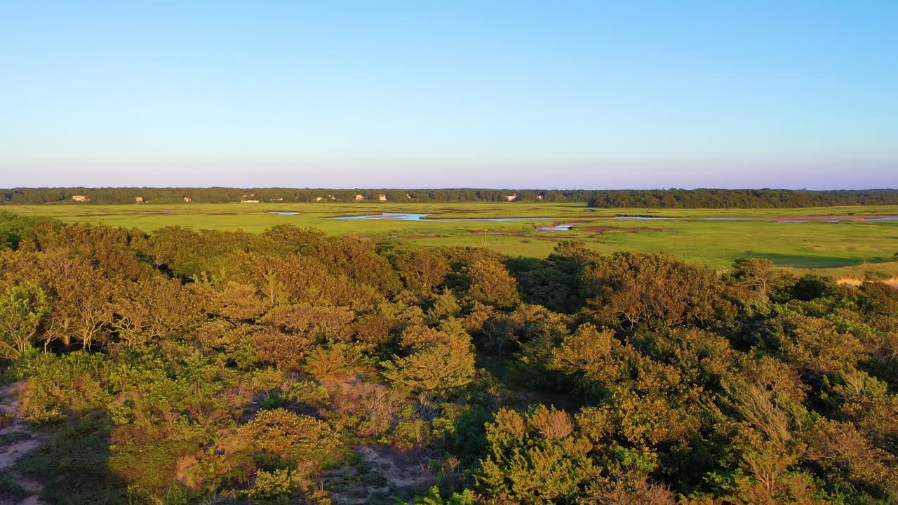 Drone-luchtopname van kustmoerasgebied met rivierachtige bochten en getijdenkreken die heldergroene grassen doorsnijden. Vredig natuurlandschap, breed panorama, cinematische 4K b-roll