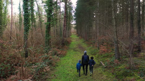 a woman and kids walking in the forest