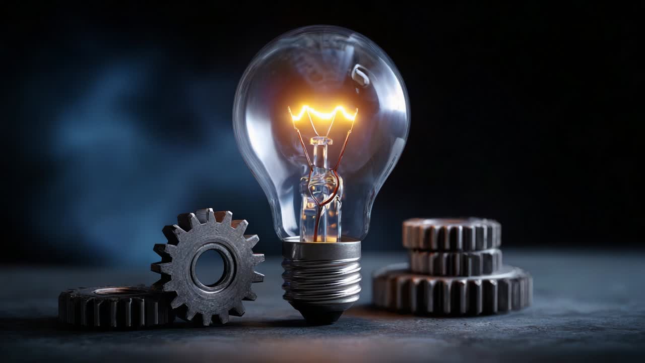 A striking visual of a glowing light bulb illuminated amidst metallic gears, showcasing the intriguing fusion of creativity and mechanics, highlighting the connection between innovation and industry in a captivating way