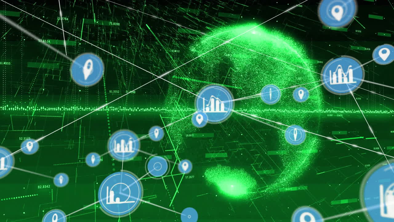 Digital data connections and analytics icons over green globe animation