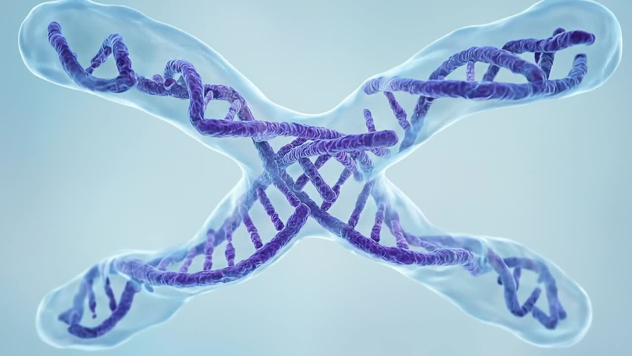 Struttura cromosomica trasparente con filamenti di DNA visibili in un ambiente blu tenue, che illustra il concetto di organizzazione del materiale genetico.