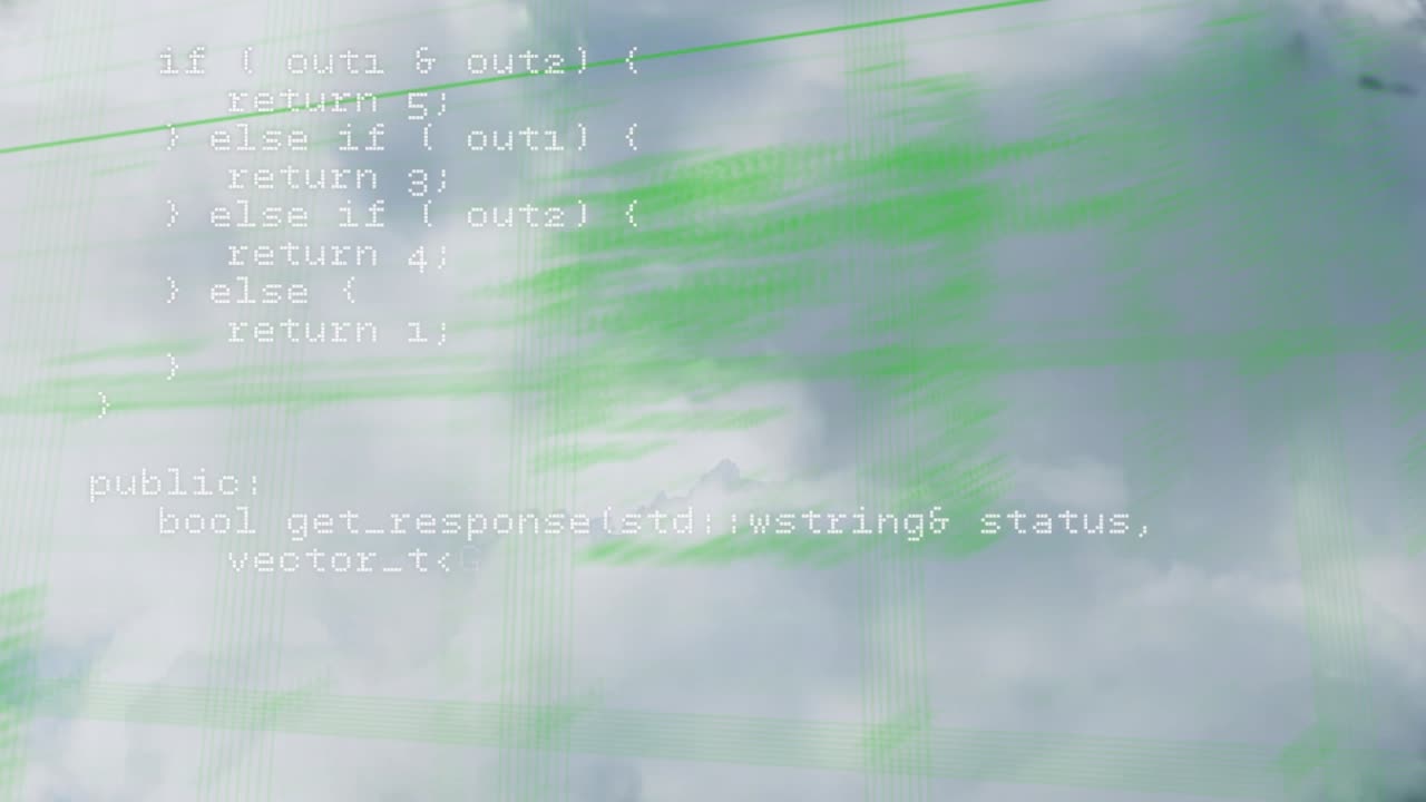 Animation of computer code processing on grey and green background