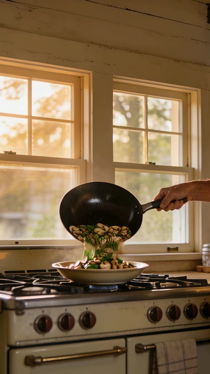 Vídeo vertical: Abaixando o wok, cozinheiro de manga curta inclinando a panela, vegetais deslizando para a tigela no fogão