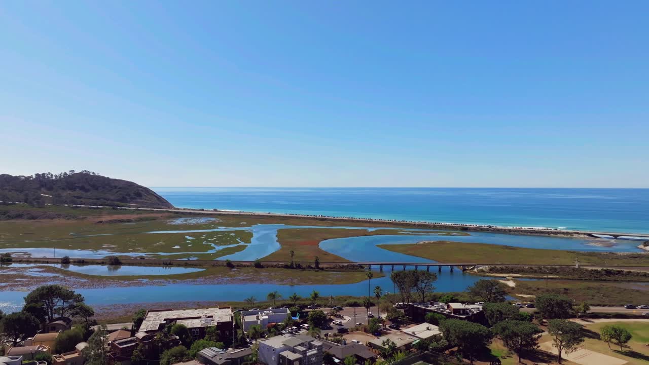 Aerial View Of Railway Tracks At Los Pe&ntilde;asquitos Marsh Natural Preserve and Lagoon In San Diego, California, USA