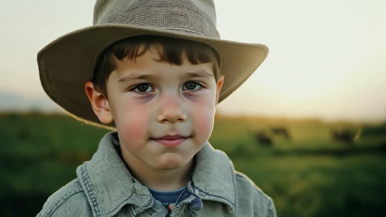 un joven granjero está de pie en un campo al atardecer, con un sombrero y disfrutando del sereno paisaje rural
