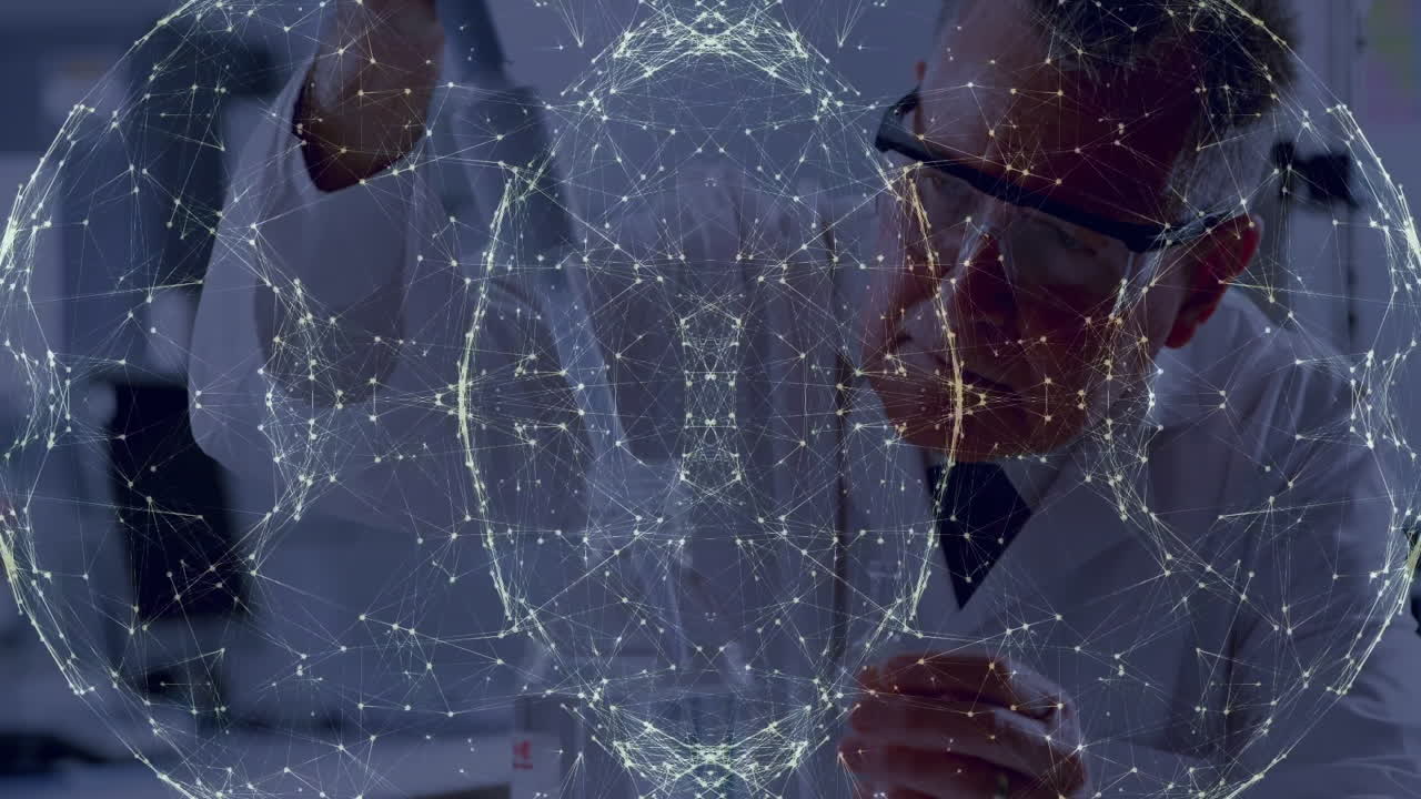 Conducting experiment, scientist with digital network animation overlay in laboratory