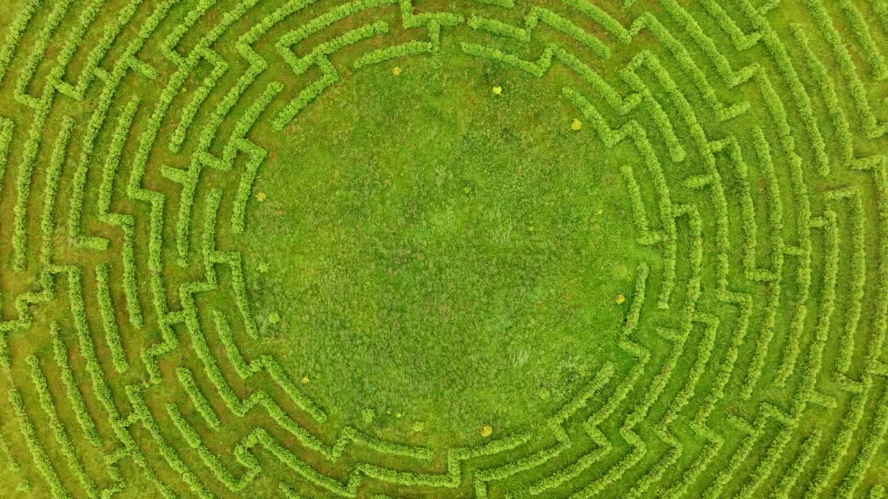 Top-down aerial view spinning over evergreen maze in Latvian landscape