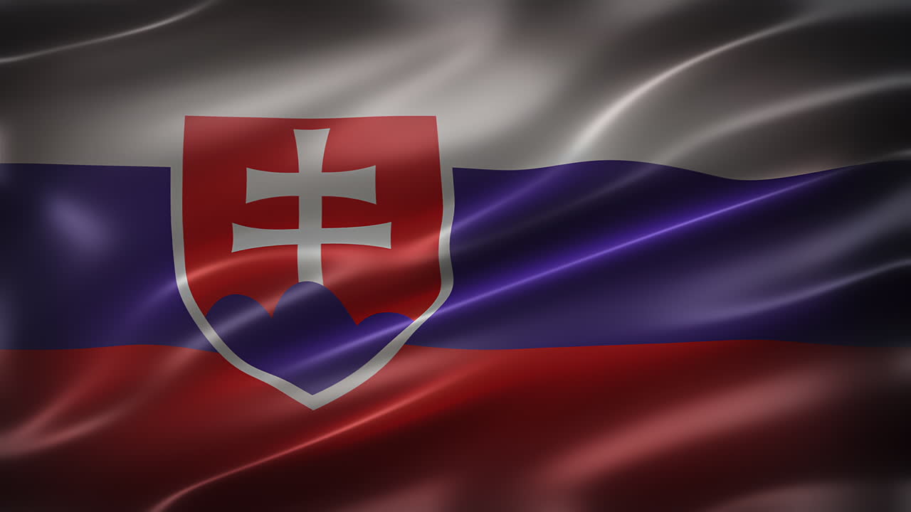 National flag of the Slovak Republic, full frame front view, waving in the wind, realistic with a cinematic look and feel, and elegant silky texture