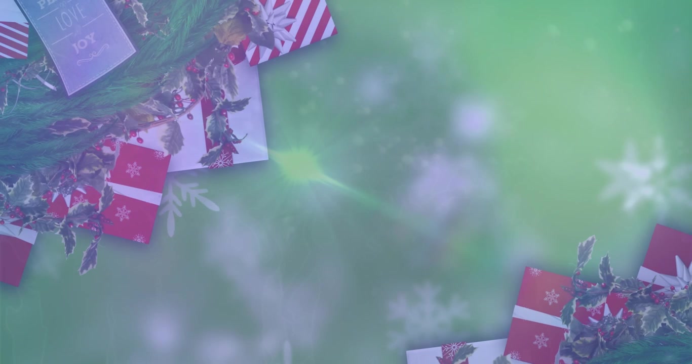 Yeşil arka plan üzerinde kar yağışı ve Noel hediyeleri animasyonu.