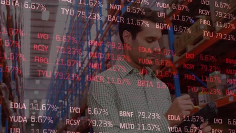 animation of stock market over caucasian worker in warehouse