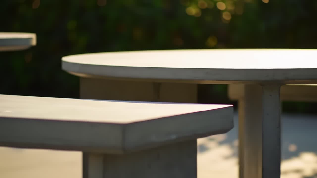 Contemporary Outdoor Seating Arrangement Featuring Stylish Concrete Table Design Surrounded by Lush Greenery, Perfect for Relaxation and Social Gatherings