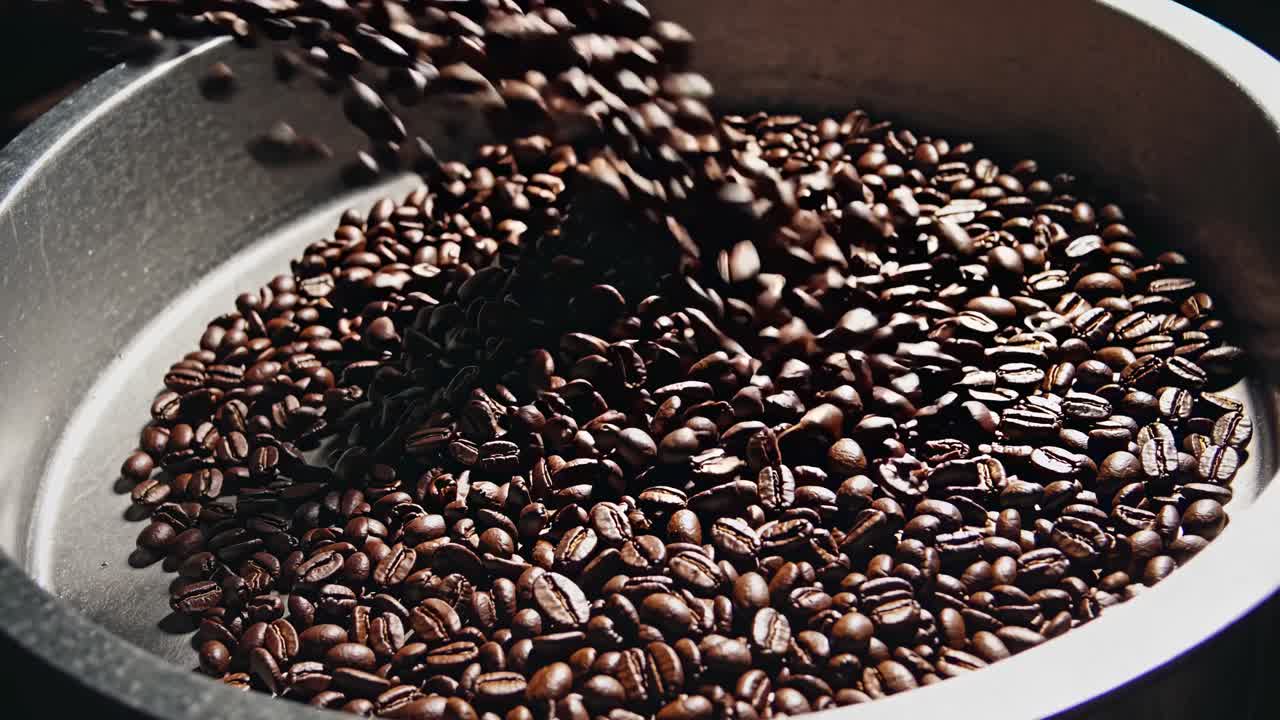 Il video cattura chicchi di caffè che si riversano in un contenitore di metallo, enfatizzando la texture e il movimento