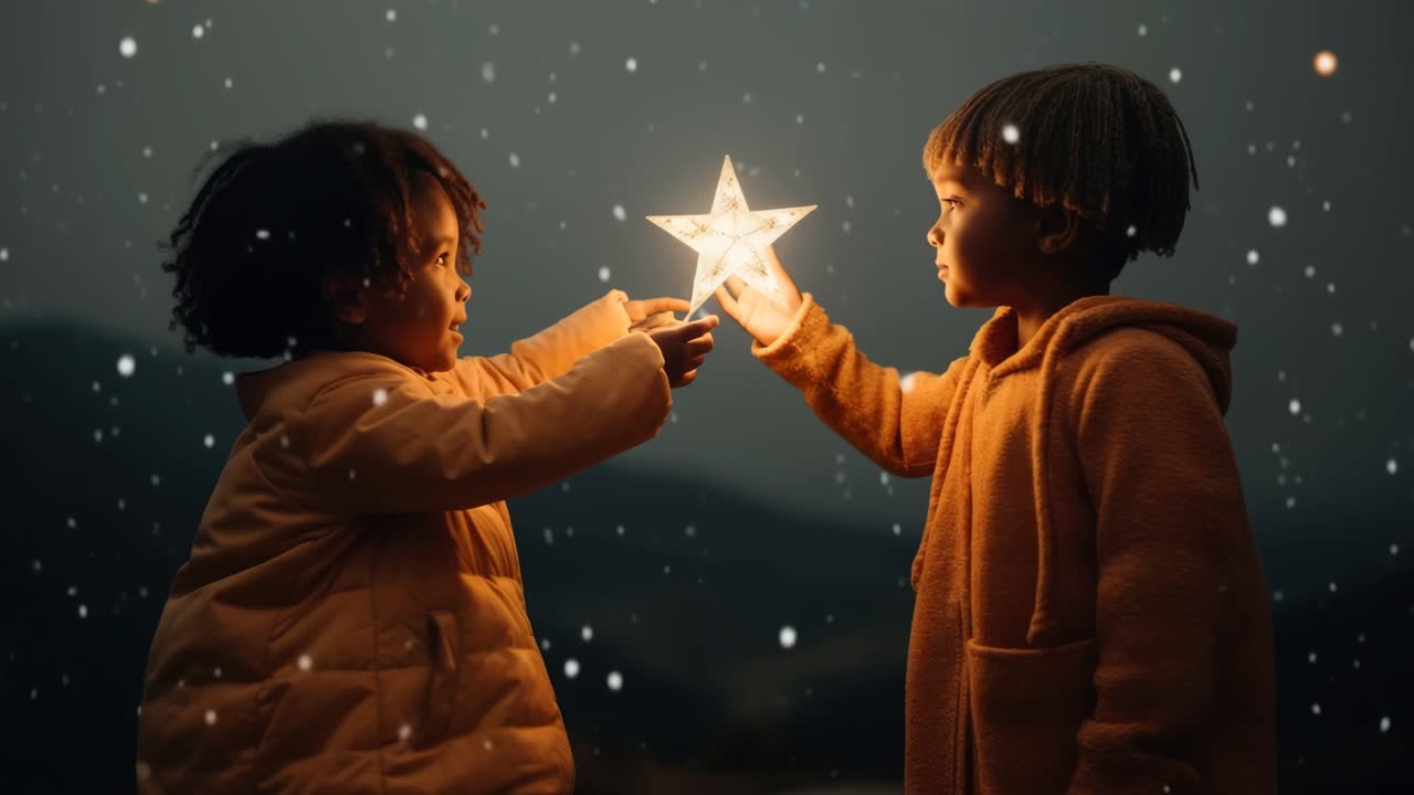 Dos niños con abrigos cálidos sostienen una estrella brillante, rodeados de copos de nieve