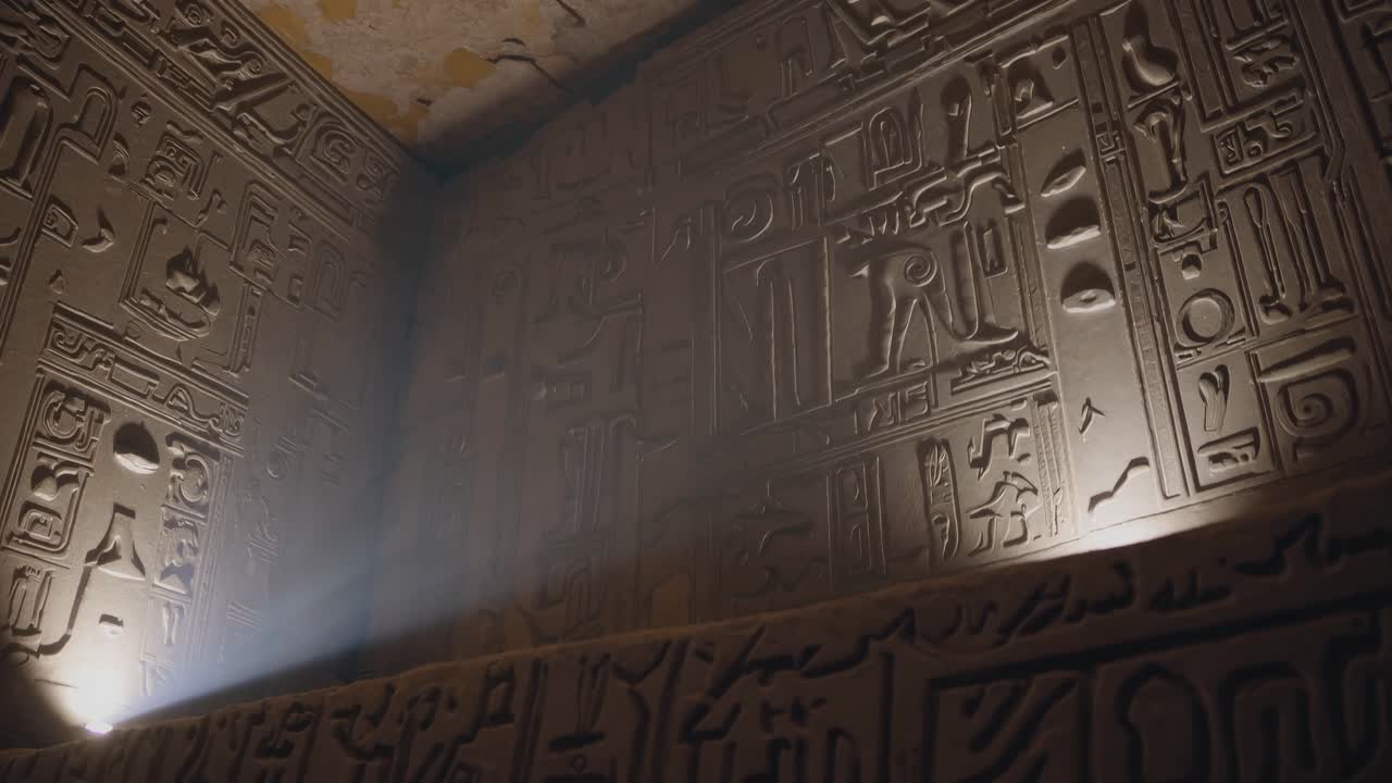 Low-angle video shot of ancient hieroglyphics on walls, with dramatic lighting highlighting