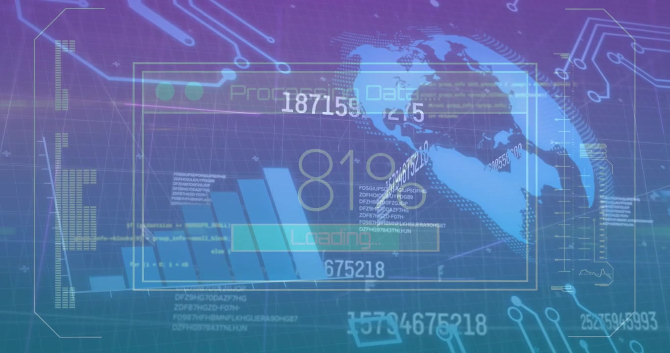 Animation of financial data processing with graph, globe on digital interface