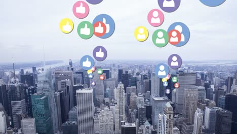 Animation-of-multiple-colourful-digital-social-media-icons-flying-over-cityscape