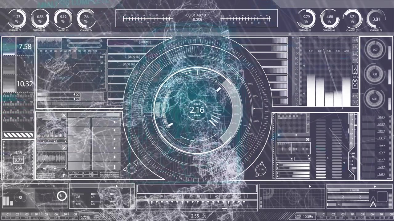 Animation of interface with data processing over network of connections against grey background