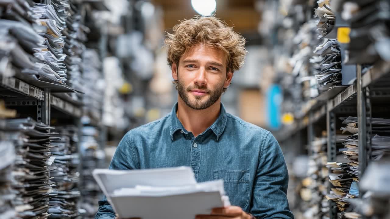 Un giovane uomo concentrato che tiene dei documenti in piedi tra pile di fascicoli in un archivio ben organizzato, emanando fiducia e professionalità nel suo ambiente.